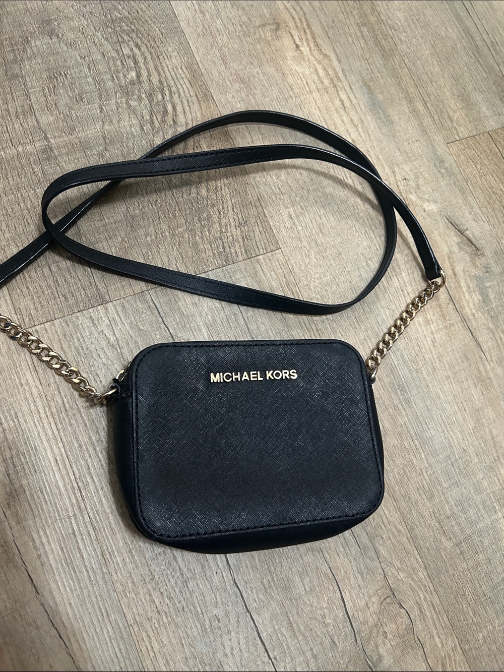 Michael Kors Black Mini  Leather Crossbody  Bag with Gold Chain